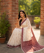 Hand embroidered off white Phulkari saree with maroon traditional Punjabi embroidery and elegant border design for women