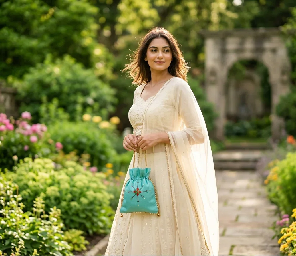 The Amritsar Store Phulkari Embroidered Potli Bag with Golden Lace - The Amritsar Store