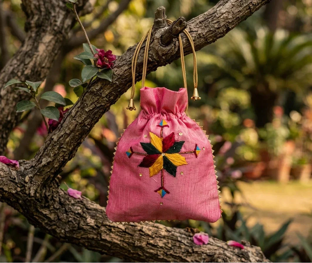 The Amritsar Store Phulkari Embroidered Potli Bag – Handmade Traditional - The Amritsar Store