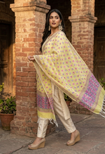 Hand embroidered lemon yellow Phulkari dupatta for women with traditional Punjabi threadwork by The Amritsar Store