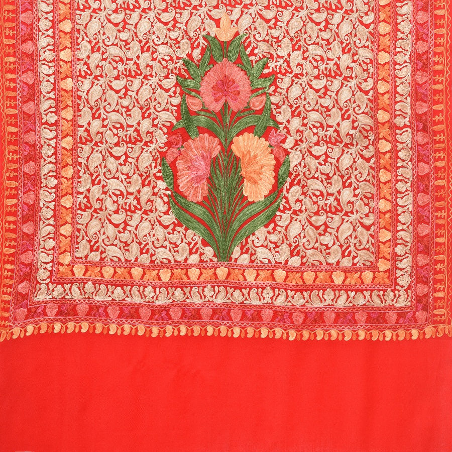 Red Kashmiri stole with multicolor Aari embroidered floral jaal, handcrafted wool stole by The Amritsar Store