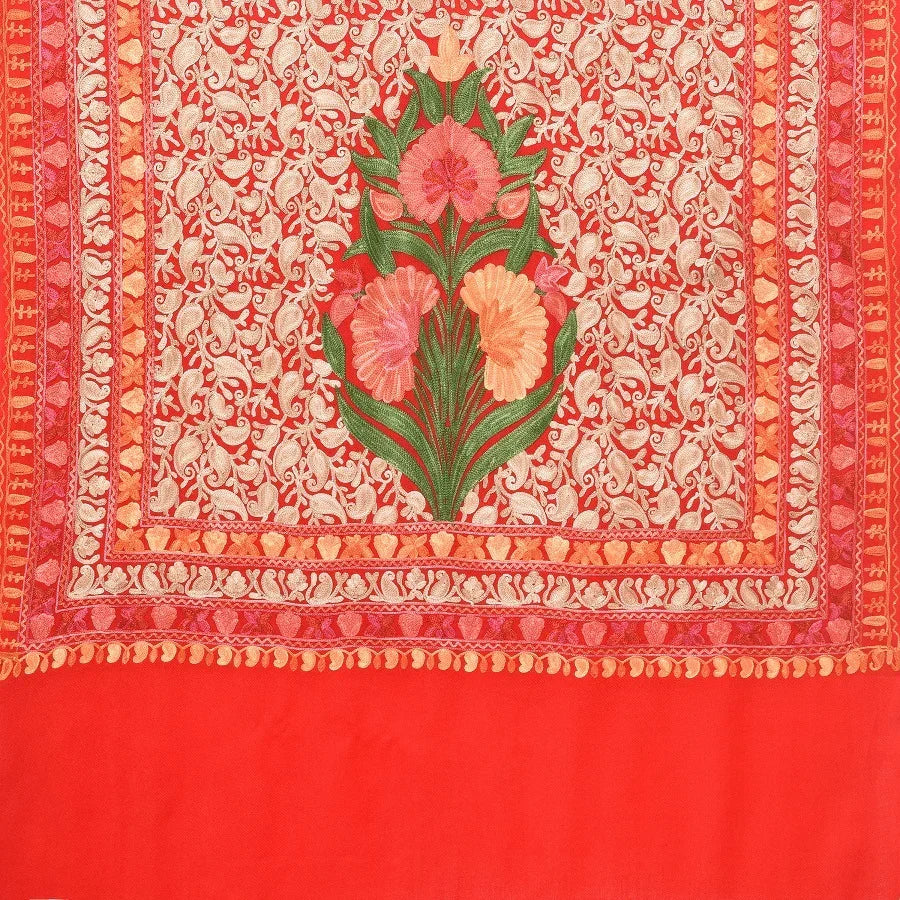Women's Red Kashmiri Stole – Multicolor Aari Embroidered Floral Jaal | The Amritsar Store - The Amritsar Store