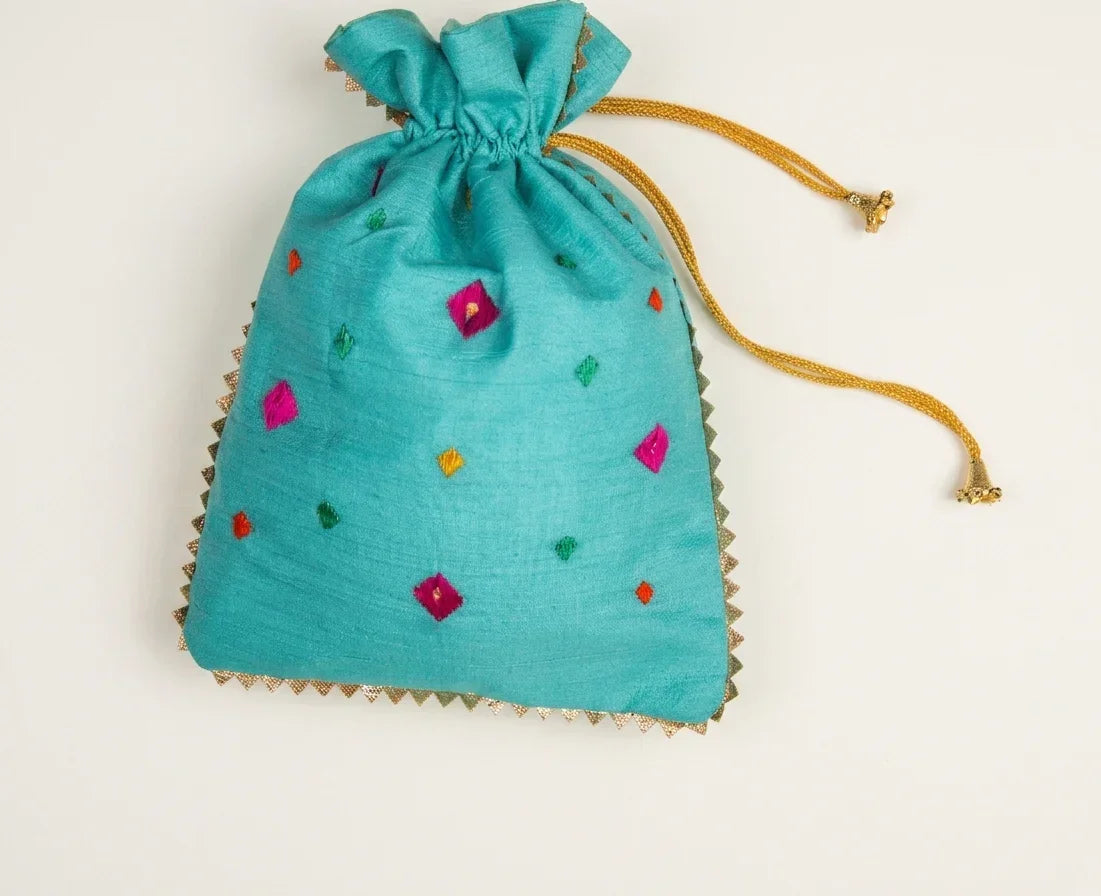 The Amritsar Store Phulkari Hand Embroidered Potli Bag with Golden Lace - The Amritsar Store