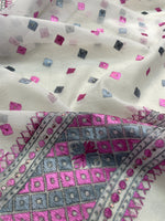 Hand embroidered white Phulkari dupatta with pink and grey Punjabi threadwork, traditional ethnic design and handcrafted detailing by The Amritsar Store