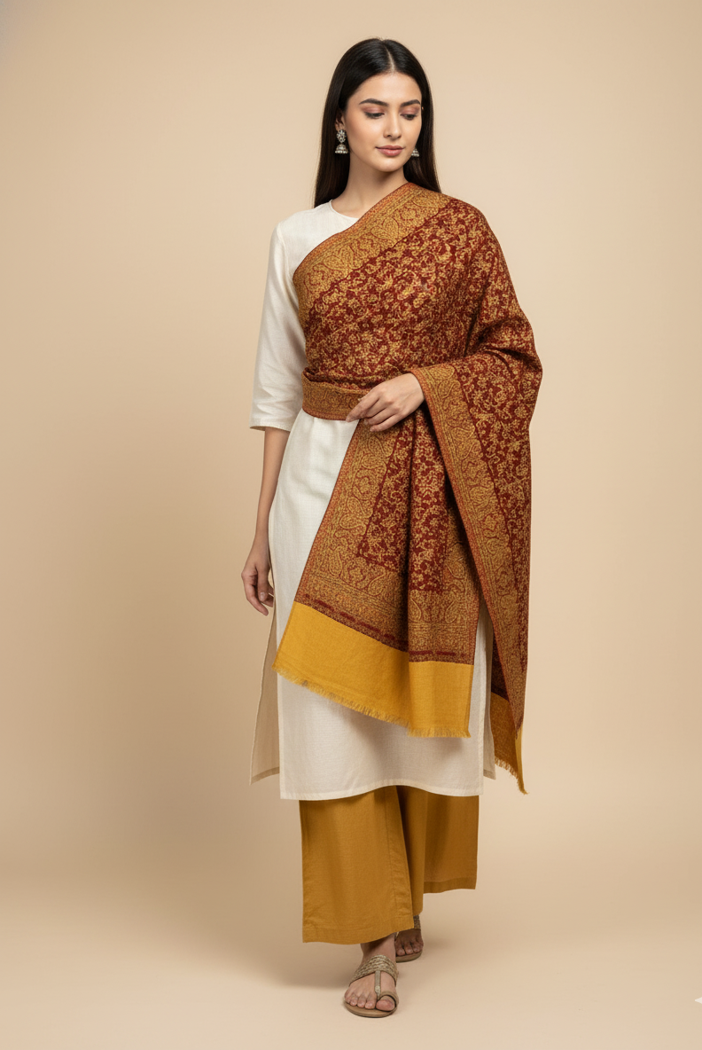 The Amritsar Store Kashmiri Jaal Shawl with Intricate Floral Weave – Reversible Wool Shawl for Elegant Winter Wear