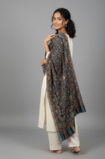 Heritage navy blue jaal stole with intricate paisley motifs and multitone woven borders by The Amritsar Store