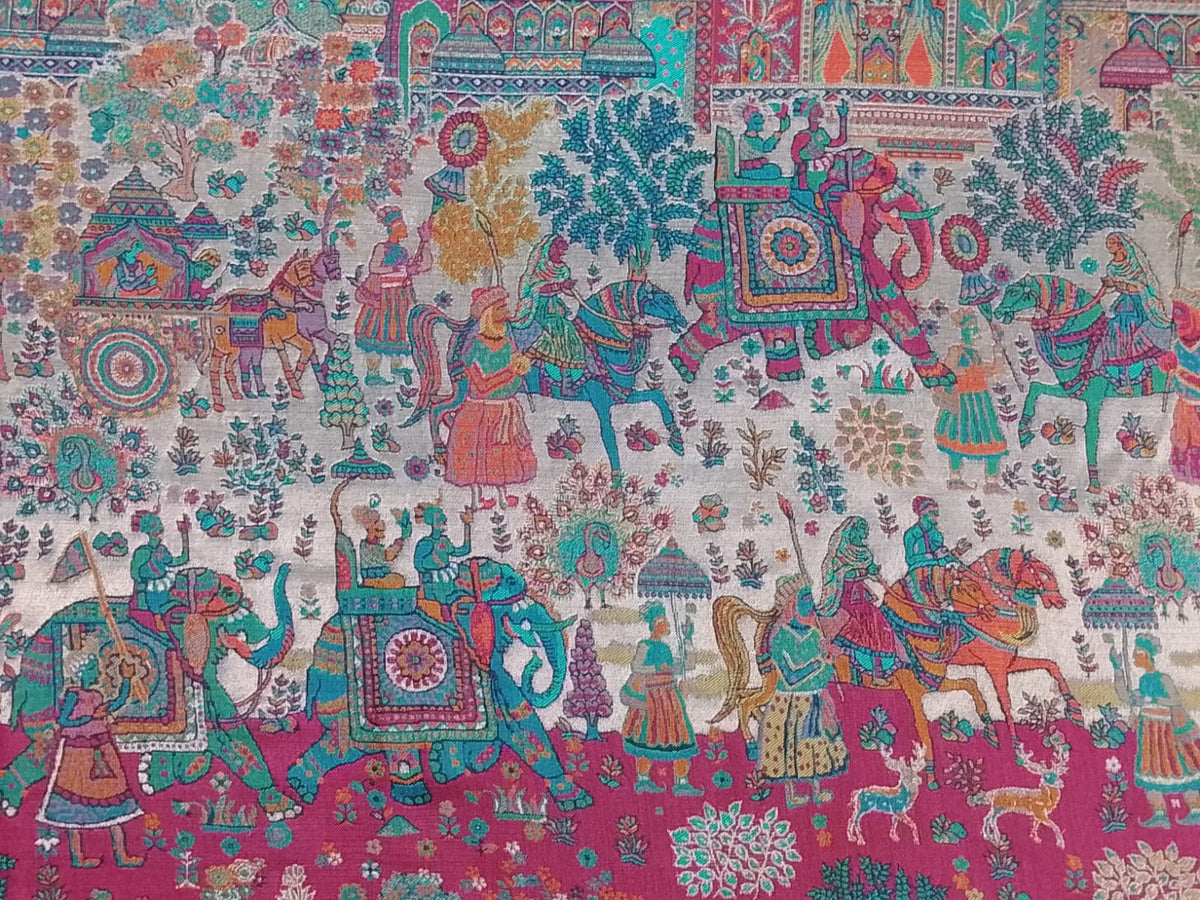 Kani shawl with Mughal Darbar palace, royal procession, and garden motifs in intricate multicolor story weave by The Amritsar Store
