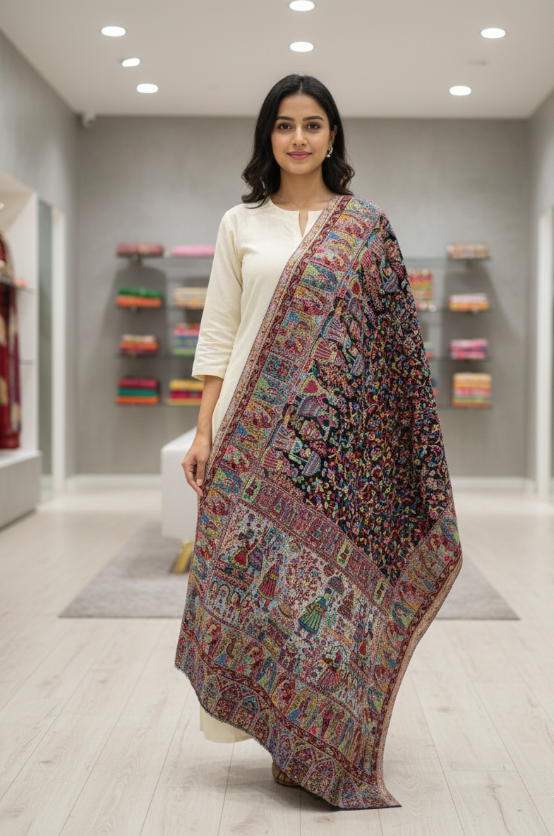 “The Amritsar Store Heritage Kani Stole – Vibrant Mughal-Inspired Story Weave (Women)