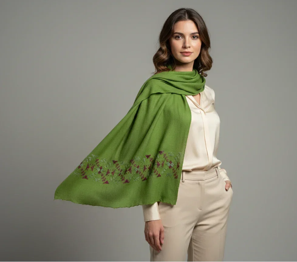 The Amritsar Store Phulkari Hand Embroidered Shawl in green with Magenta Border - The Amritsar Store