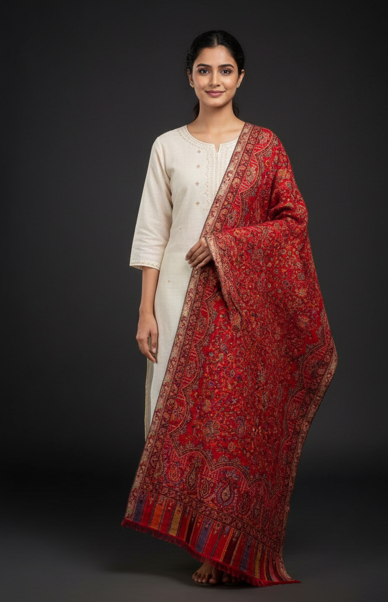 Heritage red Kashmiri jaal weave stole with intricate paisley motifs and multitone decorative borders by The Amritsar Store