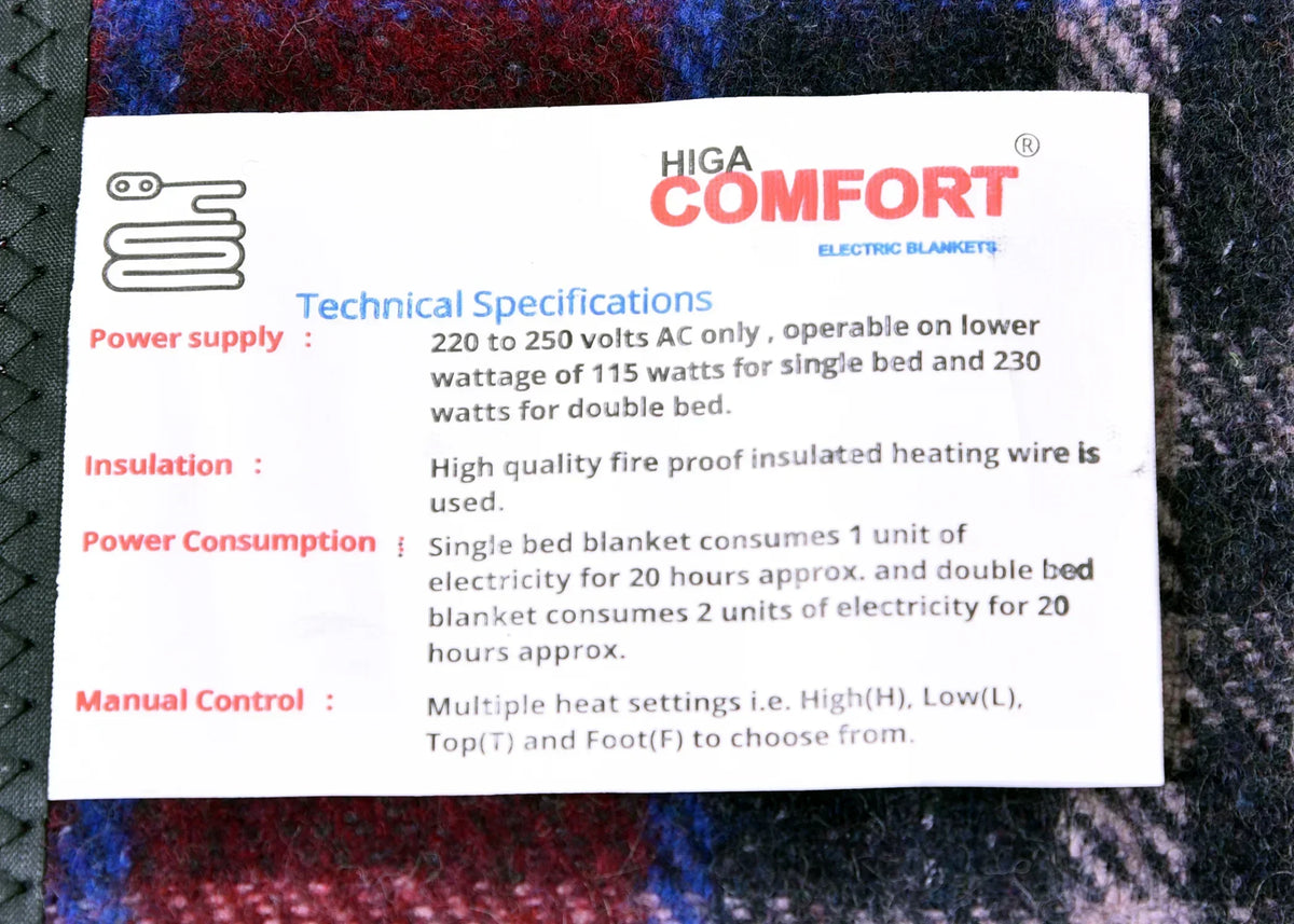 Higa Comfort Electric Blanket Single Bed, Wool Blend, Multicolour - The Amritsar Store