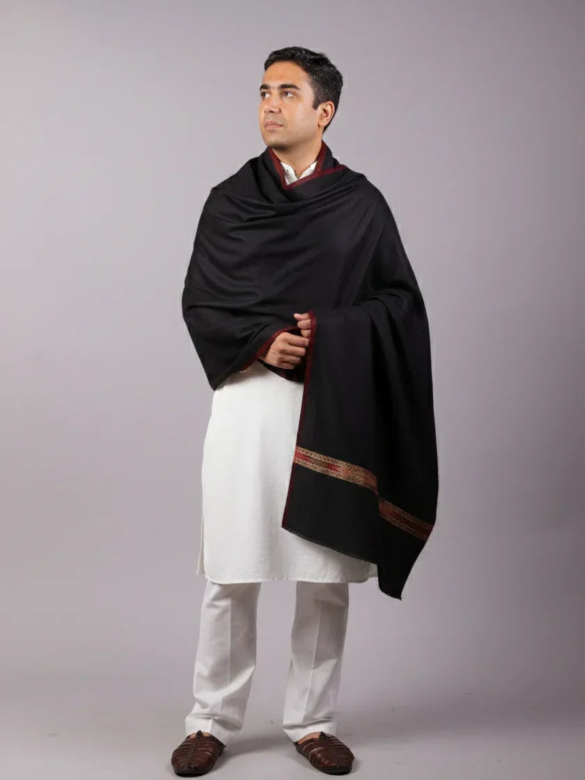 Himalayan Kullu Shawl, Four Side Border, Soft Wool Scarf, Large Wrap, Meditation Shawl, Over Sized Blanket, Light Weight & Warm Shawl. Unisex - The Amritsar Store