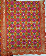 Phulkari Dupatta in Orange Color with Punjabi Traditional Hand Embroidery Cut Work & Stone Work 2.25 Mtr x 0.95 Mtr - The Amritsar Store