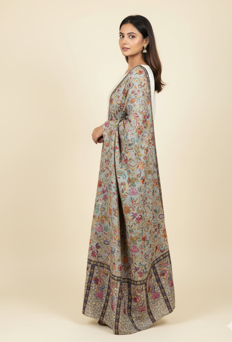 Women's Kalamkari fine wool stole featuring traditional hand-inspired floral motifs in a soft designer wrap with elegant heritage craftsmanship.