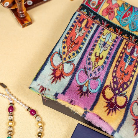 The Amritsar Store Pashmina Kalamkari Shawl – Hand Embroidered Multicolor Kashmiri Wool Shawl for Women