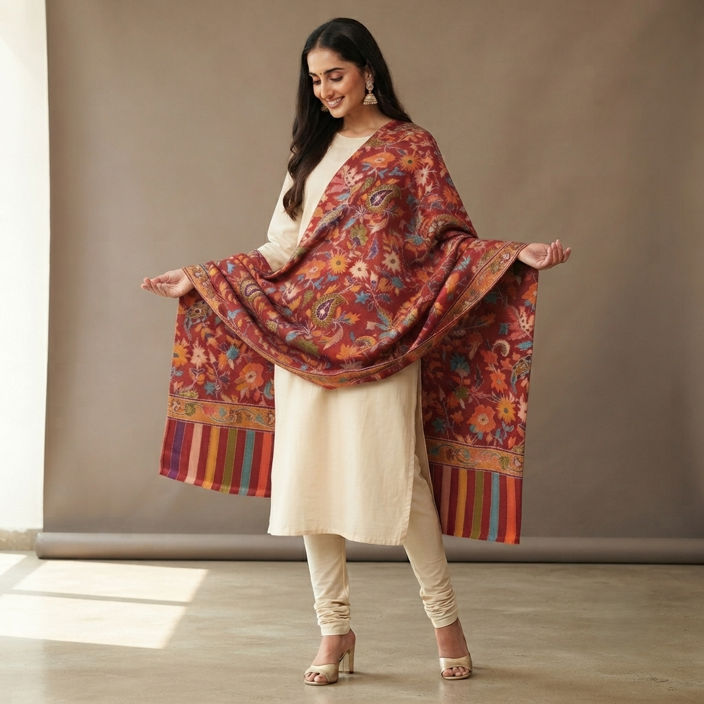 Women's handcrafted Kalamkari shawl featuring traditional artisan craftsmanship with elegant heritage-inspired detailing by The Amritsar Store.