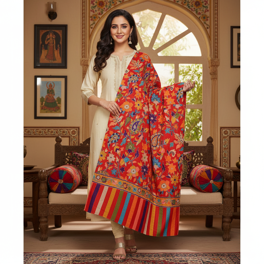 The Amritsar Store Women’s Kalamkari Shawl – Handcrafted traditional art shawl with detailed motifs, showcasing authentic craftsmanship and timeless elegance.