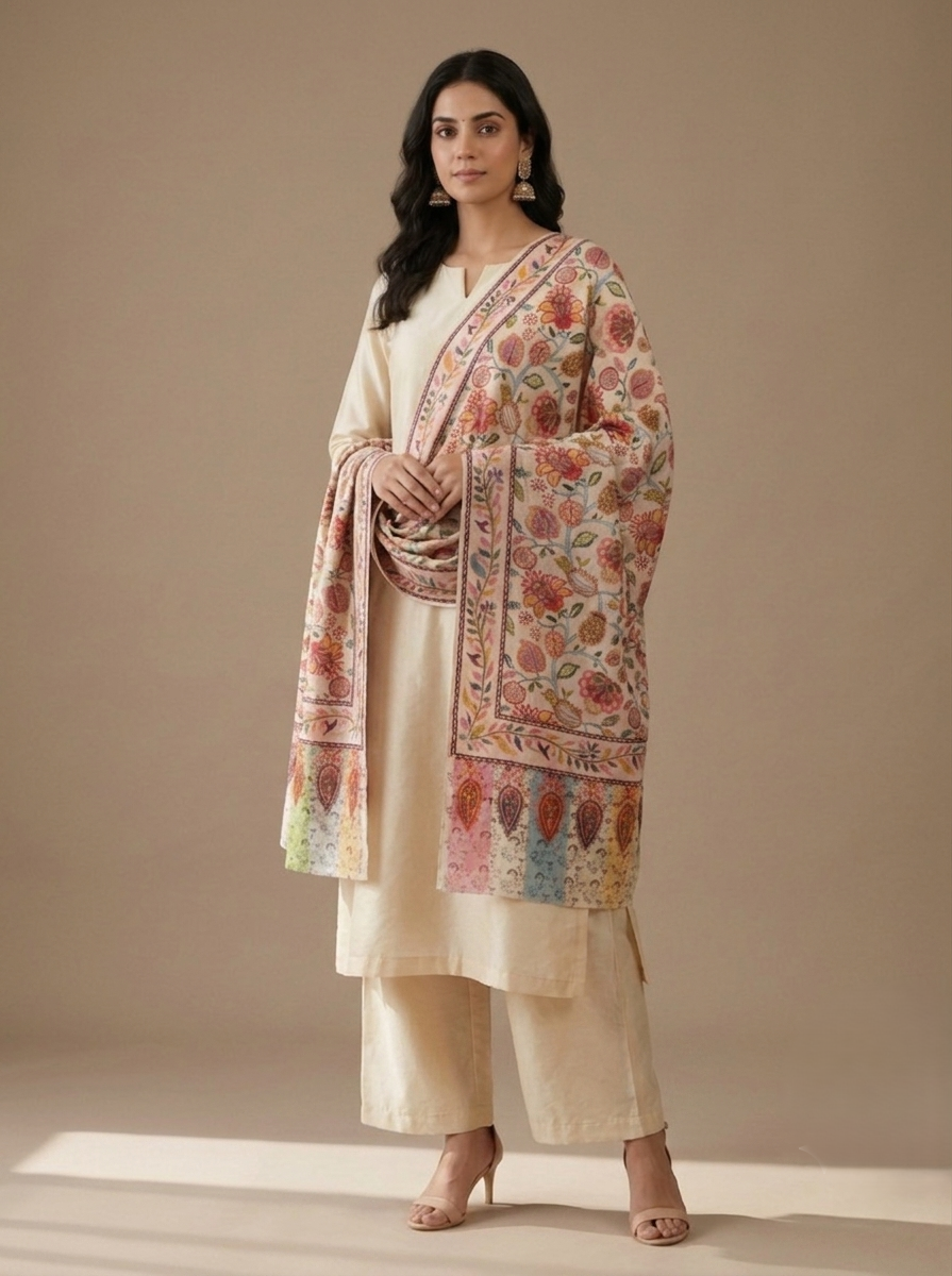 Women's multicolor Kalamkari stole featuring a pastel Paisley border with elegant traditional craftsmanship by The Amritsar Store.