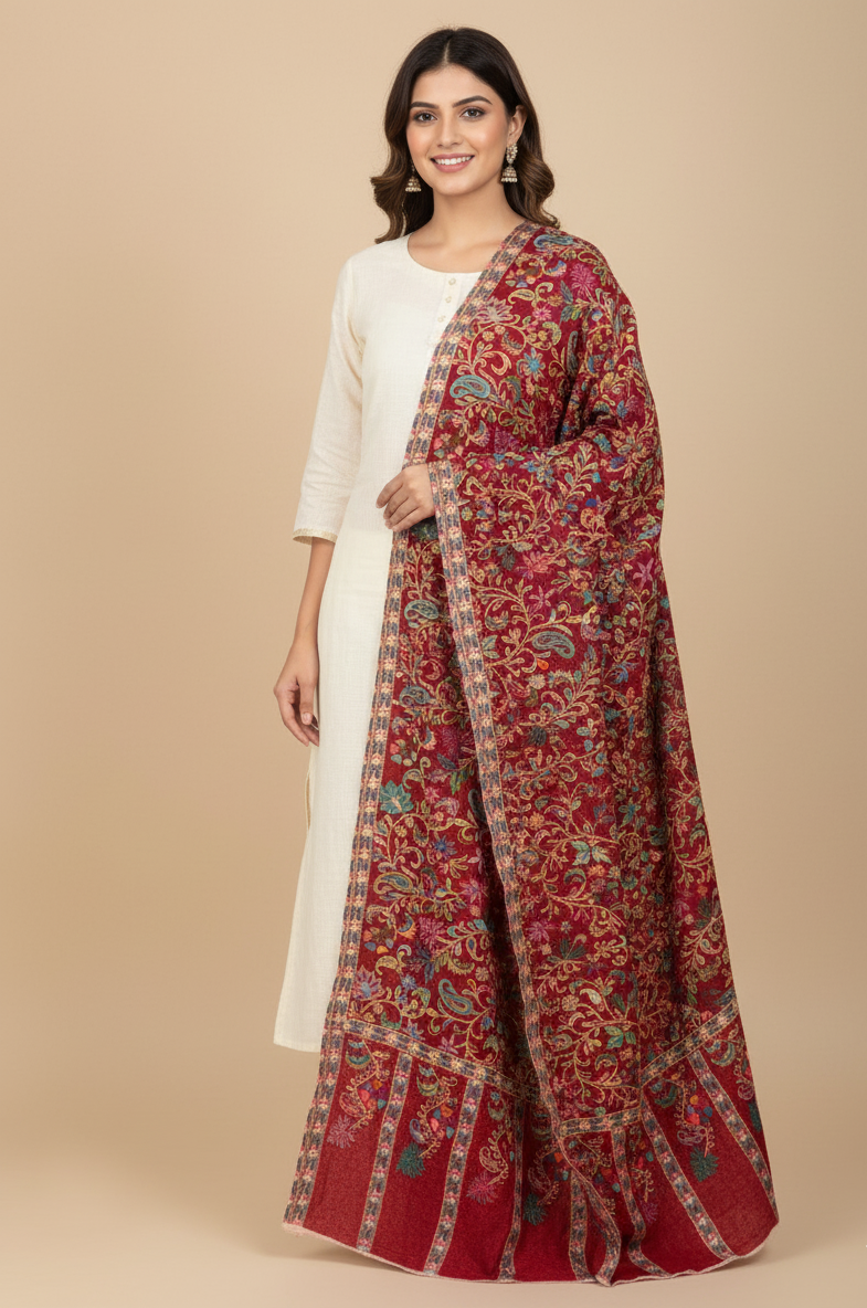Handcrafted Kalamkari Stole with Traditional Kashmiri Floral Work – The Amritsar Store