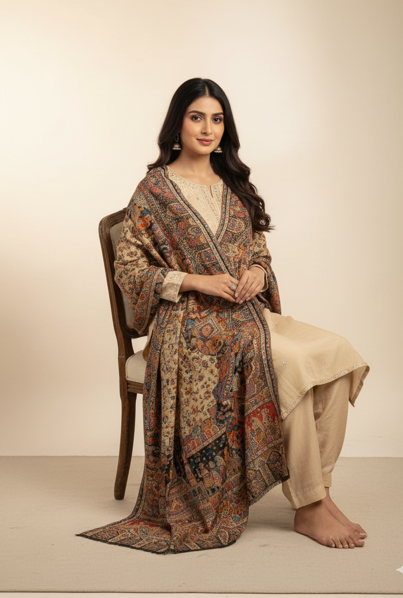 The Amritsar Store Kani Shawl with Zari work – Mughal Darbaar scene, reversible traditional Kashmiri weave