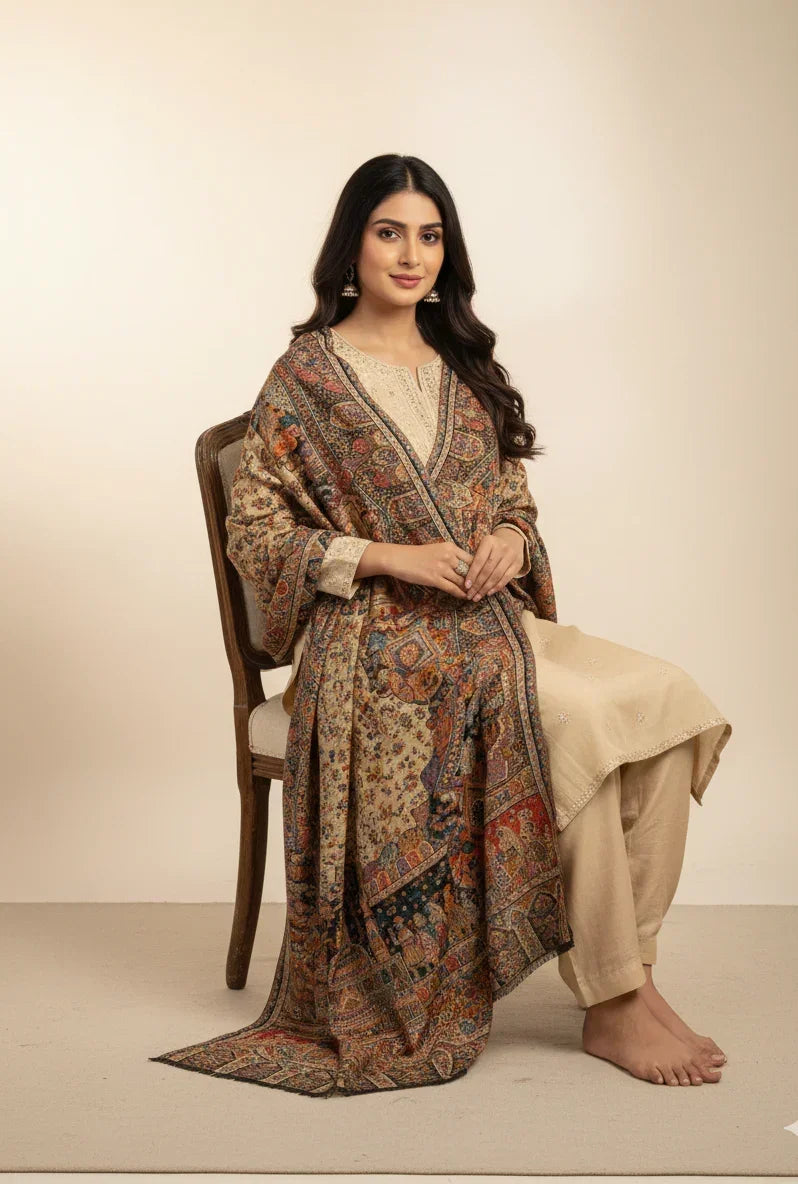 Women's Kani Shawl – Zari Mughal Darbar Reversible Designer Wrap | The Amritsar Store - The Amritsar Store
