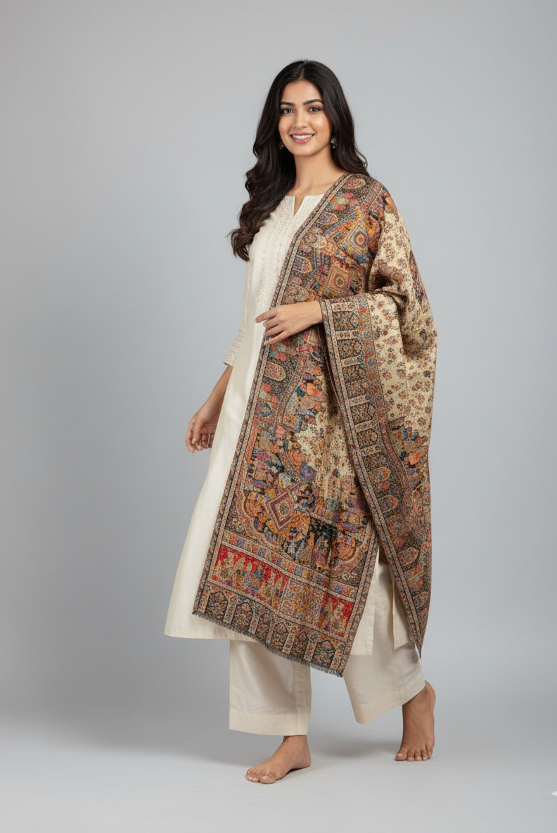 The Amritsar Store Kani Shawl with Zari work – Mughal Darbaar scene, reversible traditional Kashmiri weave