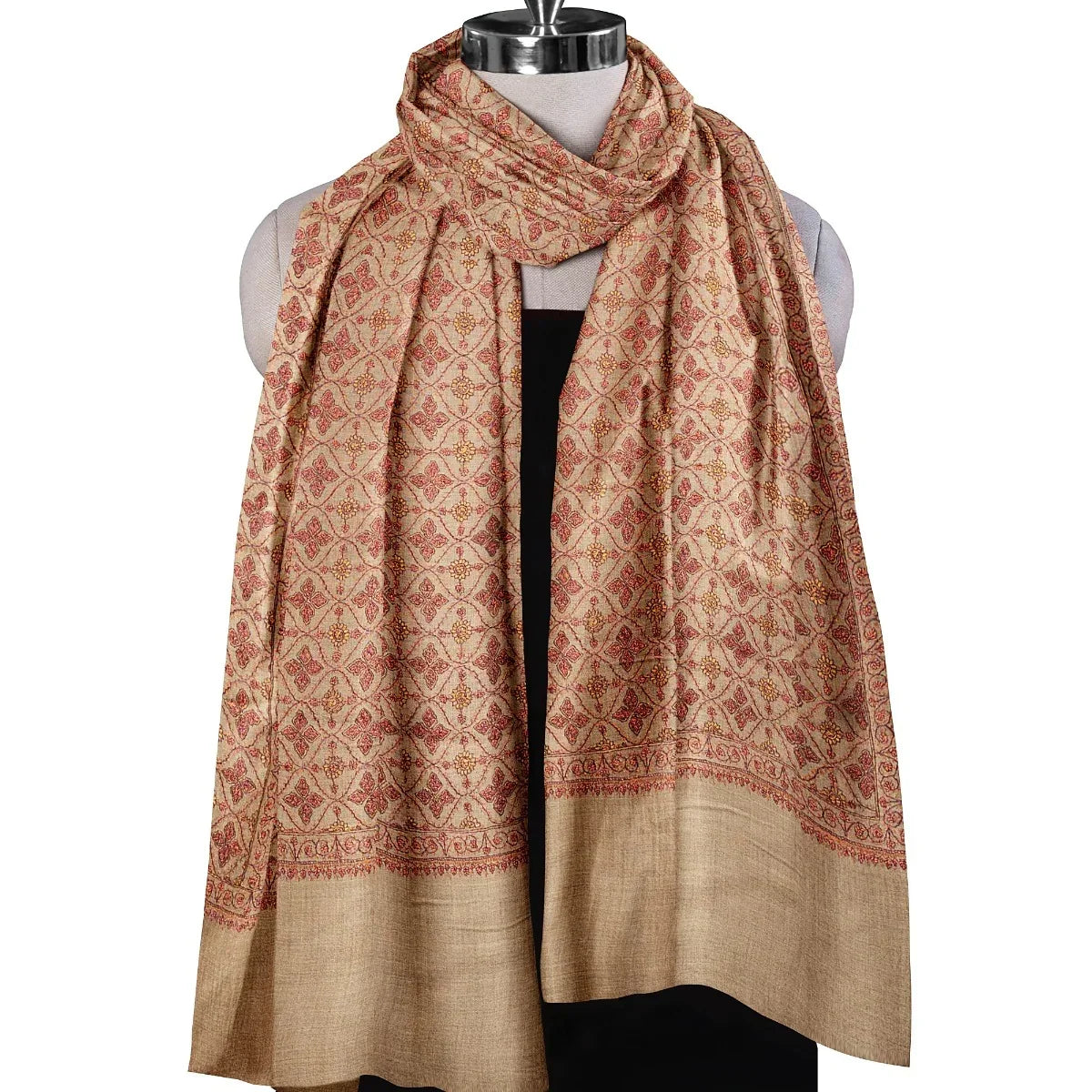 Women's Wool Shawl – Beige Hand Embroidered Elegant Wrap | The Amritsar Store - The Amritsar Store