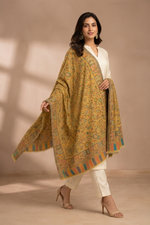Women's Kashmiri Jaal weave shawl featuring multicolor paisley motifs in an elegant designer wrap with intricate traditional craftsmanship.