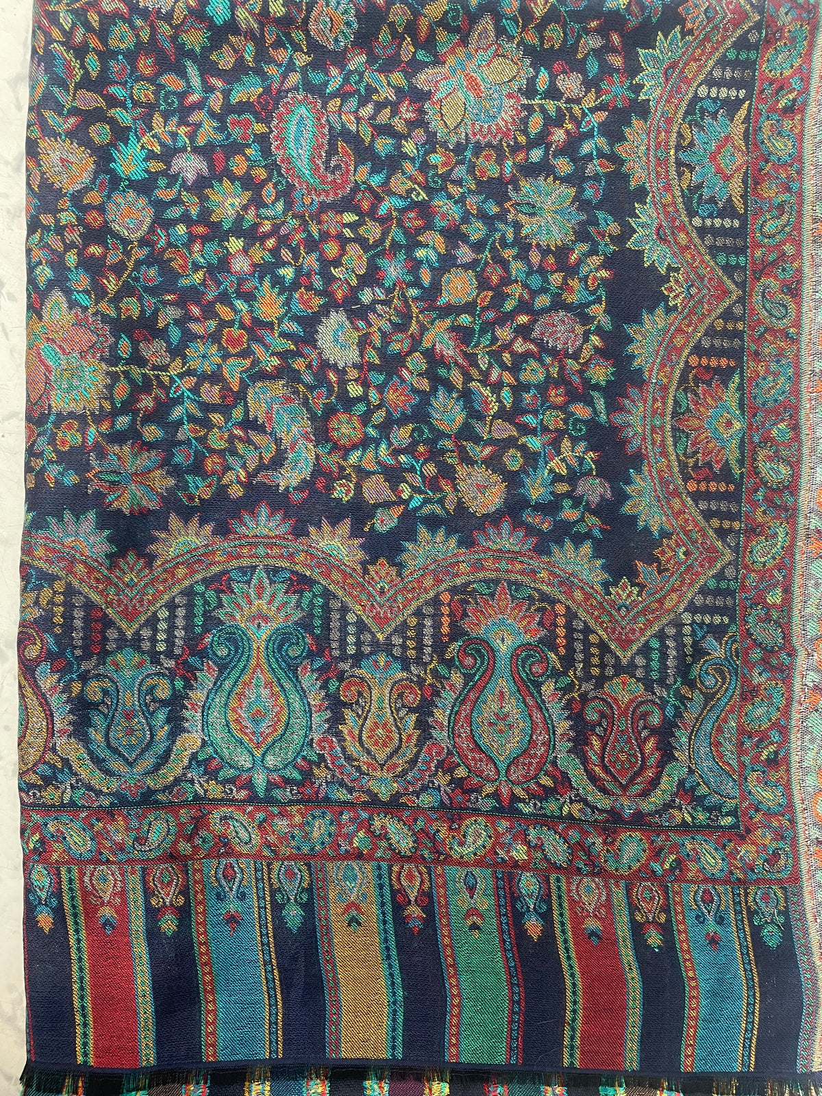 Heritage navy blue jaal stole with intricate paisley motifs and multitone woven borders by The Amritsar Store