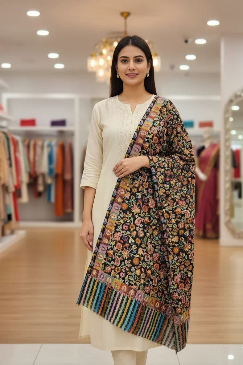 The Amritsar Store,Kashmiri kalamkari Embroidered Stole – Multicolor Floral Jaal on Black Base with Vibrant Striped Border - The Amritsar Store