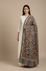 The Amritsar Store Kashmiri Kalamkari embroidered stole with multicolor floral jaal on black base and striped border