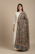 The Amritsar Store,Kashmiri kalamkari Embroidered Stole – Multicolor Floral Jaal on Black Base with Vibrant Striped Border - The Amritsar Store