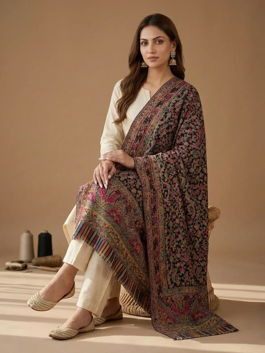 Women's Shawl Black Kashmiri Kani – Paisley & Floral Jaal Designer Wrap | The Amritsar Store - The Amritsar Store