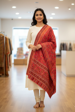 Majestic Peacock Garden Jaal shawl by The Amritsar Store featuring an intricate multicolor woven floral and peacock pattern.