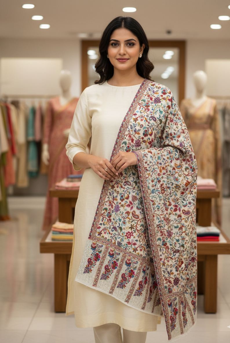 Kashmiri Sozni Embroidered Stole by The Amritsar Store – multicolor floral embroidery with pastel paisley border, handcrafted on soft wool fabric.