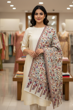 Kashmiri Sozni Embroidered Stole by The Amritsar Store – multicolor floral embroidery with pastel paisley border, handcrafted on soft wool fabric.