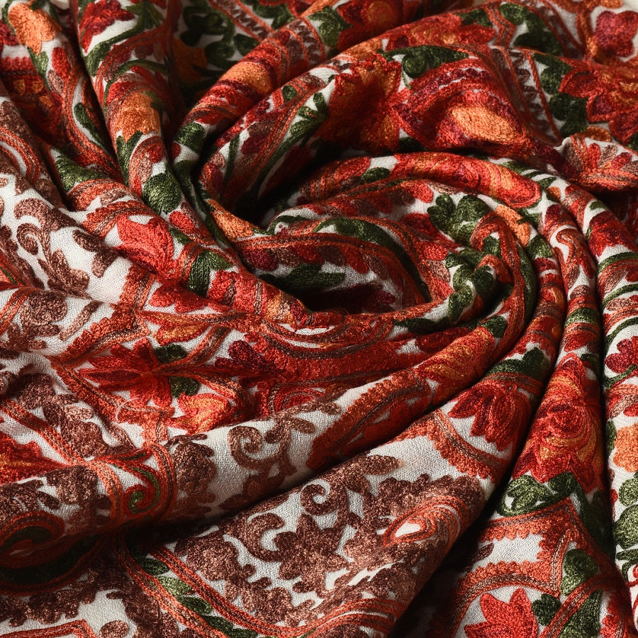 Collectors Edition Cream Jamawar Kashmiri Pure Wool Embroidery Multicolor Thread Work Shawl - The Amritsar Store