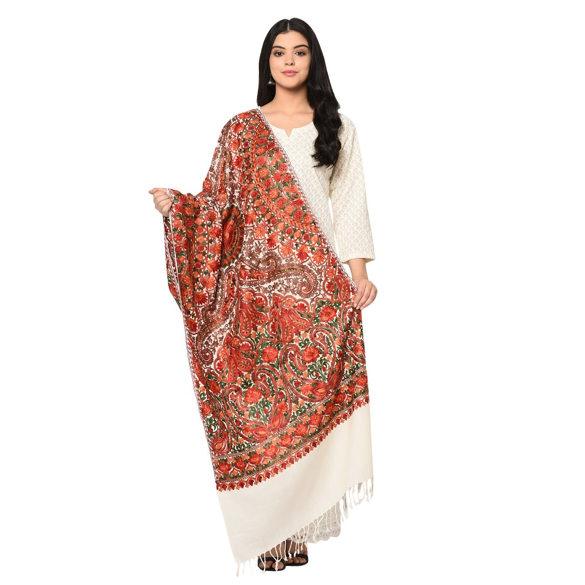 Collectors Edition Cream Jamawar Kashmiri Pure Wool Embroidery Multicolor Thread Work Shawl - The Amritsar Store