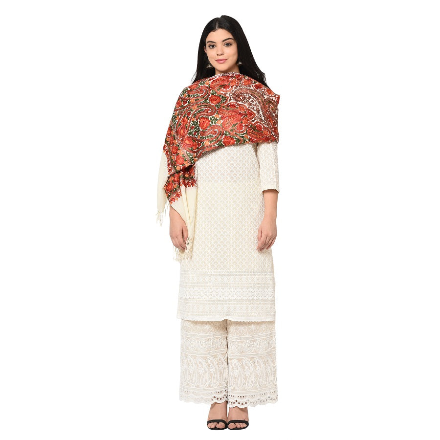 Collectors Edition Cream Jamawar Kashmiri Pure Wool Embroidery Multicolor Thread Work Shawl - The Amritsar Store