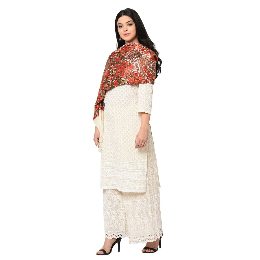 Collectors Edition Cream Jamawar Kashmiri Pure Wool Embroidery Multicolor Thread Work Shawl - The Amritsar Store