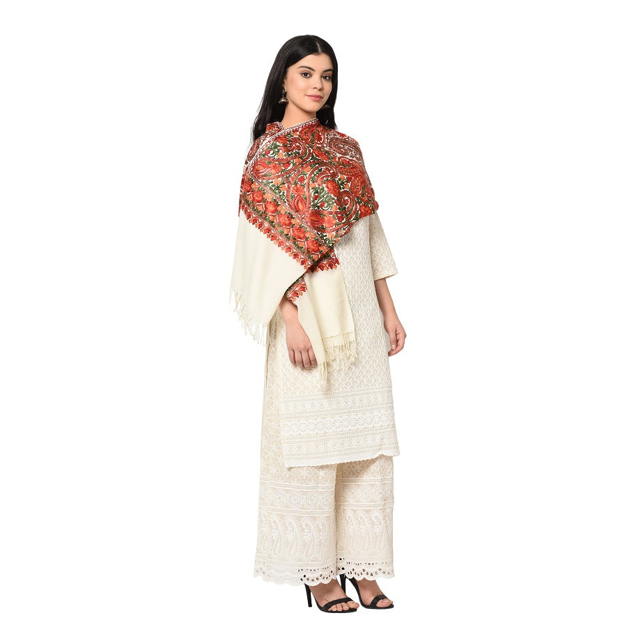 Collectors Edition Cream Jamawar Kashmiri Pure Wool Embroidery Multicolor Thread Work Shawl - The Amritsar Store