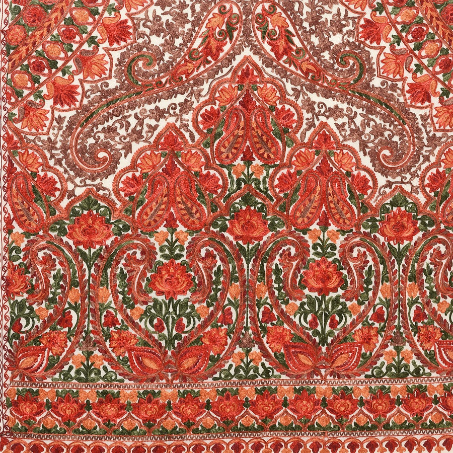 Collectors Edition Cream Jamawar Kashmiri Pure Wool Embroidery Multicolor Thread Work Shawl - The Amritsar Store