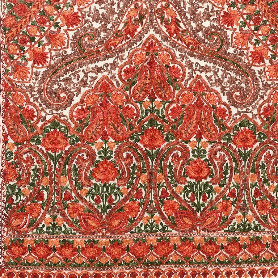 Collectors Edition Cream Jamawar Kashmiri Pure Wool Embroidery Multicolor Thread Work Shawl - The Amritsar Store