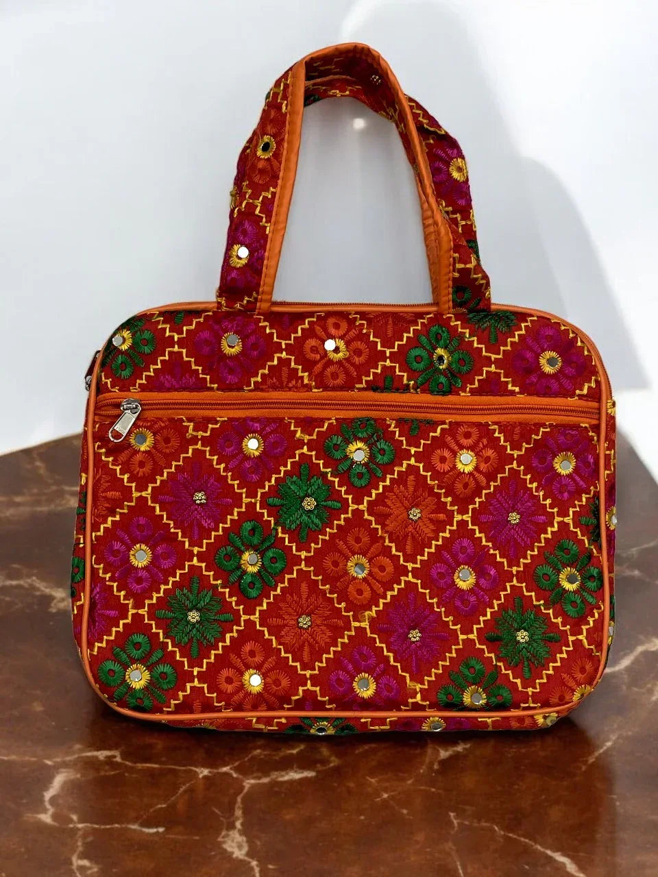 MulticolorRed Phulkari Paded laptop bag with mirror work with both side handles and extra zip pocket for chargers. - The Amritsar Store