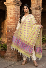 Hand embroidered lemon yellow Phulkari dupatta for women with traditional Punjabi threadwork by The Amritsar Store