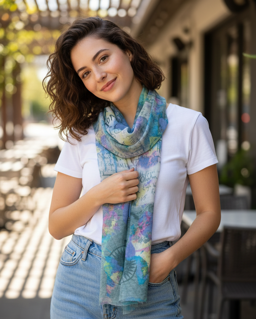 Los Angeles Folk Festival Scarf by The Amritsar Store featuring vibrant bohemian patterns, soft fabric, and lightweight all-season comfort for women.