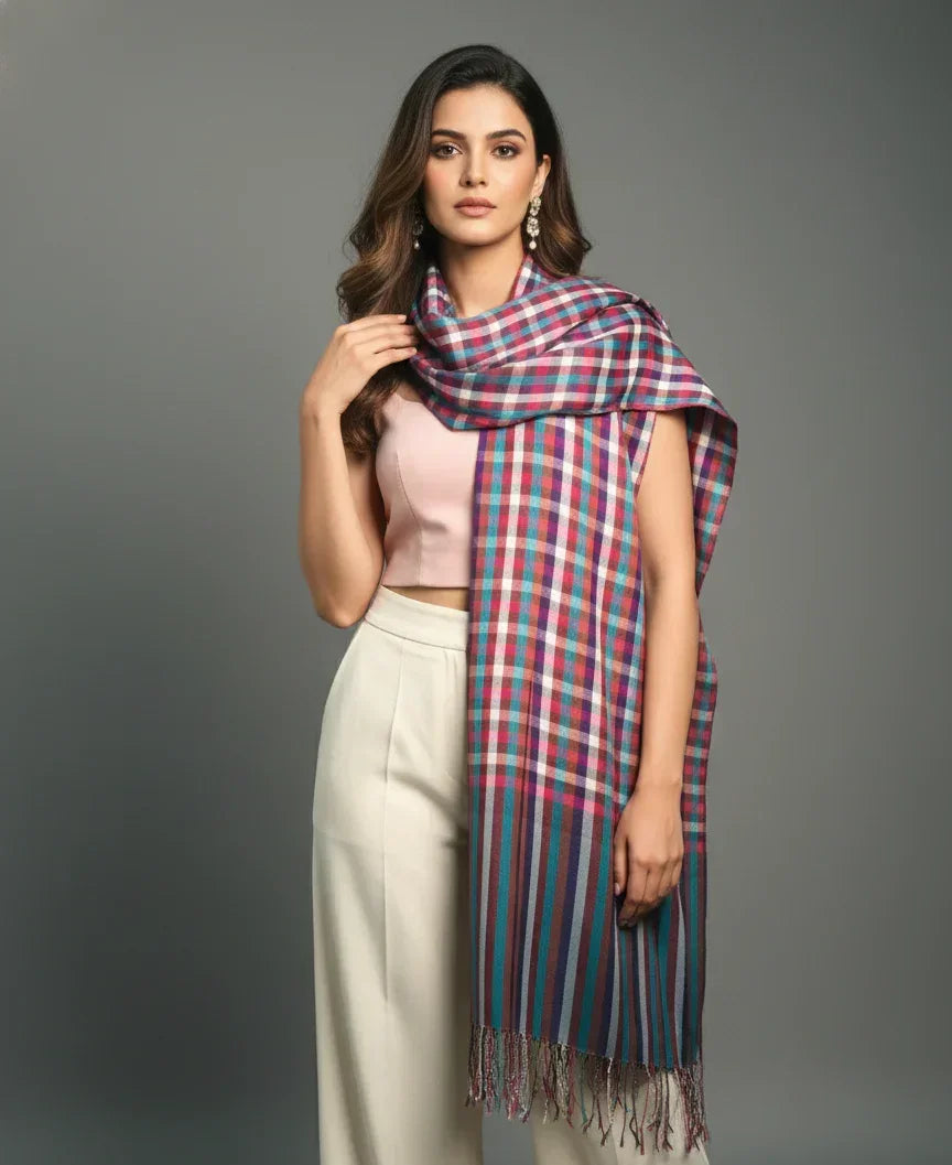 The Amritsar Store, Multicolor Bamboo Silk Scarf, Soft & Fine Quality with Check Pattern All Season - The Amritsar Store