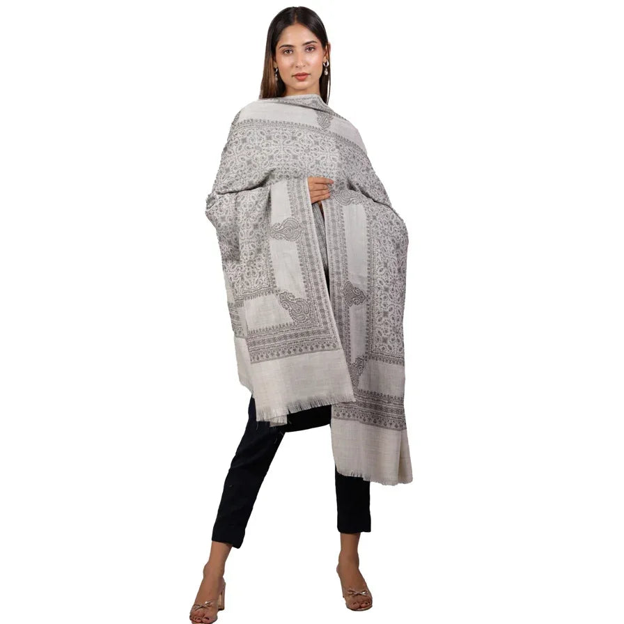 Shawl for Women – Grey Self Weave Wool with Sozni Embroidery | The Amritsar Store - The Amritsar Store