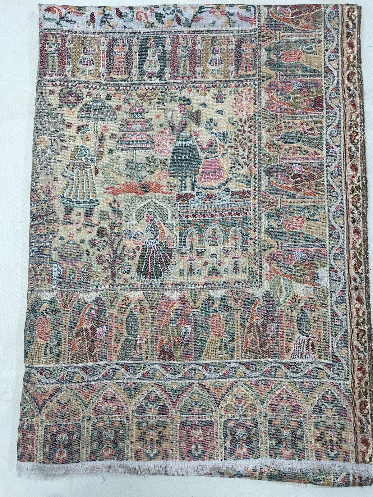 Royal Heritage stole by The Amritsar Store featuring intricate Mughal Darbar scenes with detailed floral jaal weave in rich traditional tones