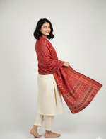 Majestic Peacock Garden Jaal shawl by The Amritsar Store featuring an intricate multicolor woven floral and peacock pattern.